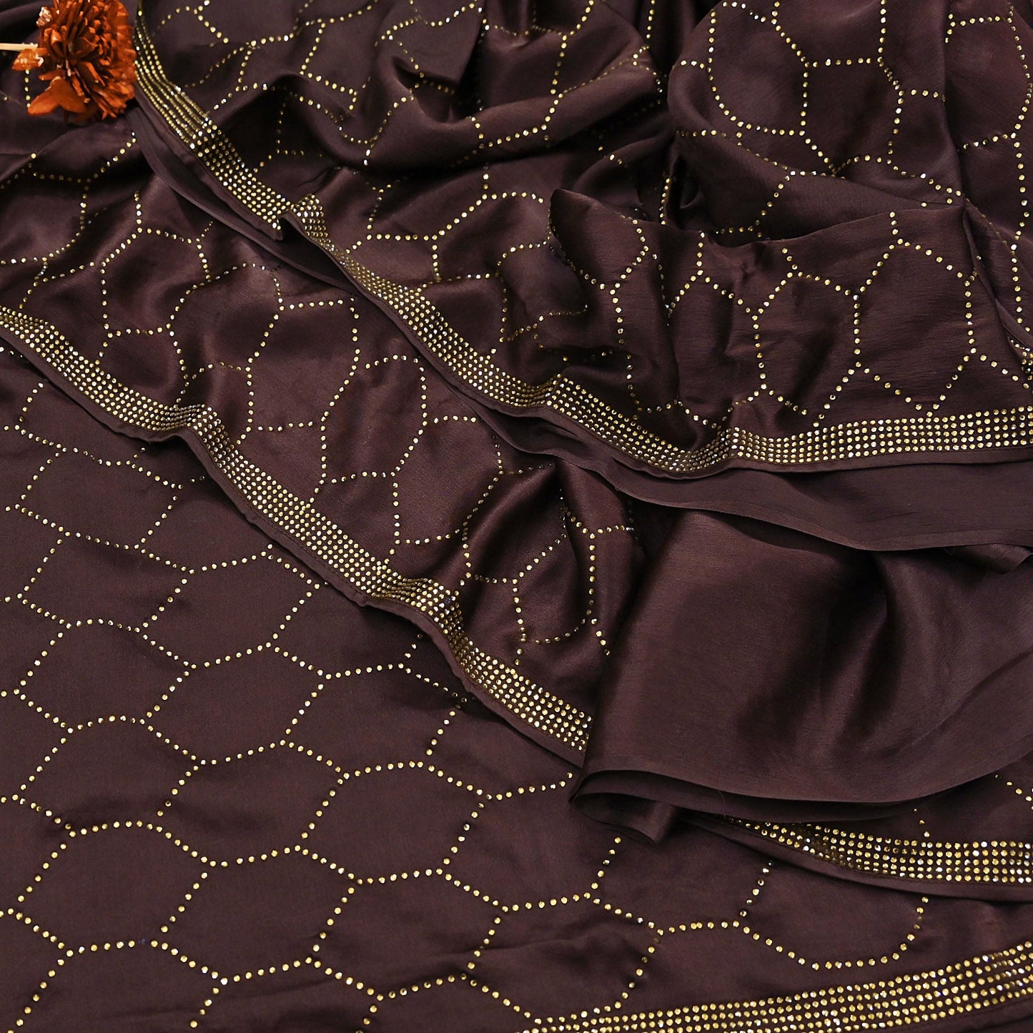 Rare Vintage Brown Pure Satin Silk Saree Hand Embroidered Fabric 5.5 Yards Sari Bollywood Party Wear Ethnic Designer Saree