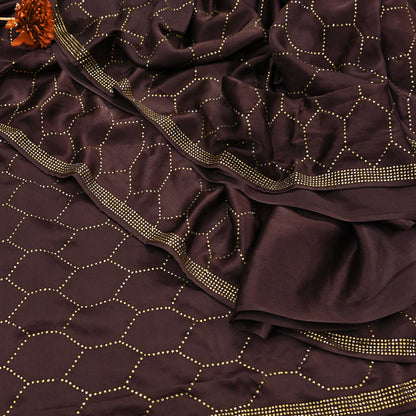 Rare Vintage Brown Pure Satin Silk Saree Hand Embroidered Fabric 5.5 Yards Sari Bollywood Party Wear Ethnic Designer Saree