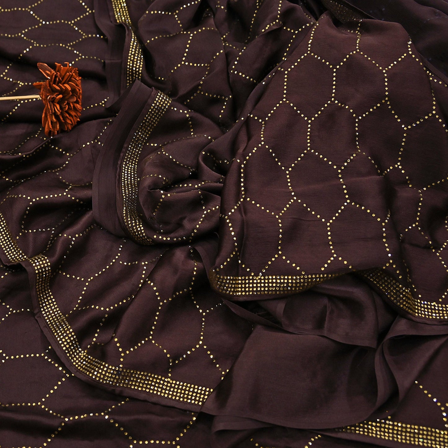 Rare Vintage Brown Pure Satin Silk Saree Hand Embroidered Fabric 5.5 Yards Sari Bollywood Party Wear Ethnic Designer Saree