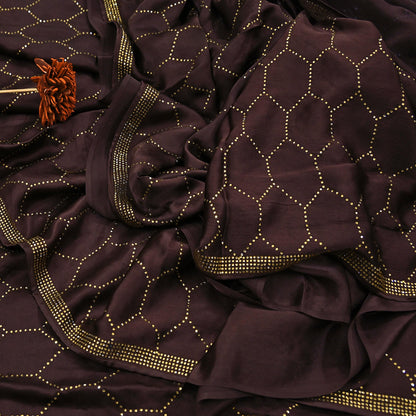 Rare Vintage Brown Pure Satin Silk Saree Hand Embroidered Fabric 5.5 Yards Sari Bollywood Party Wear Ethnic Designer Saree