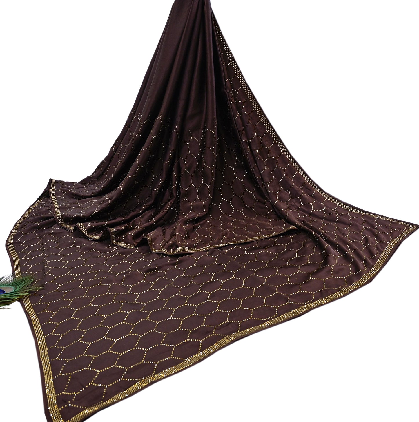 Rare Vintage Brown Pure Satin Silk Saree Hand Embroidered Fabric 5.5 Yards Sari Bollywood Party Wear Ethnic Designer Saree