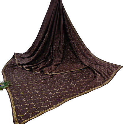 Rare Vintage Brown Pure Satin Silk Saree Hand Embroidered Fabric 5.5 Yards Sari Bollywood Party Wear Ethnic Designer Saree