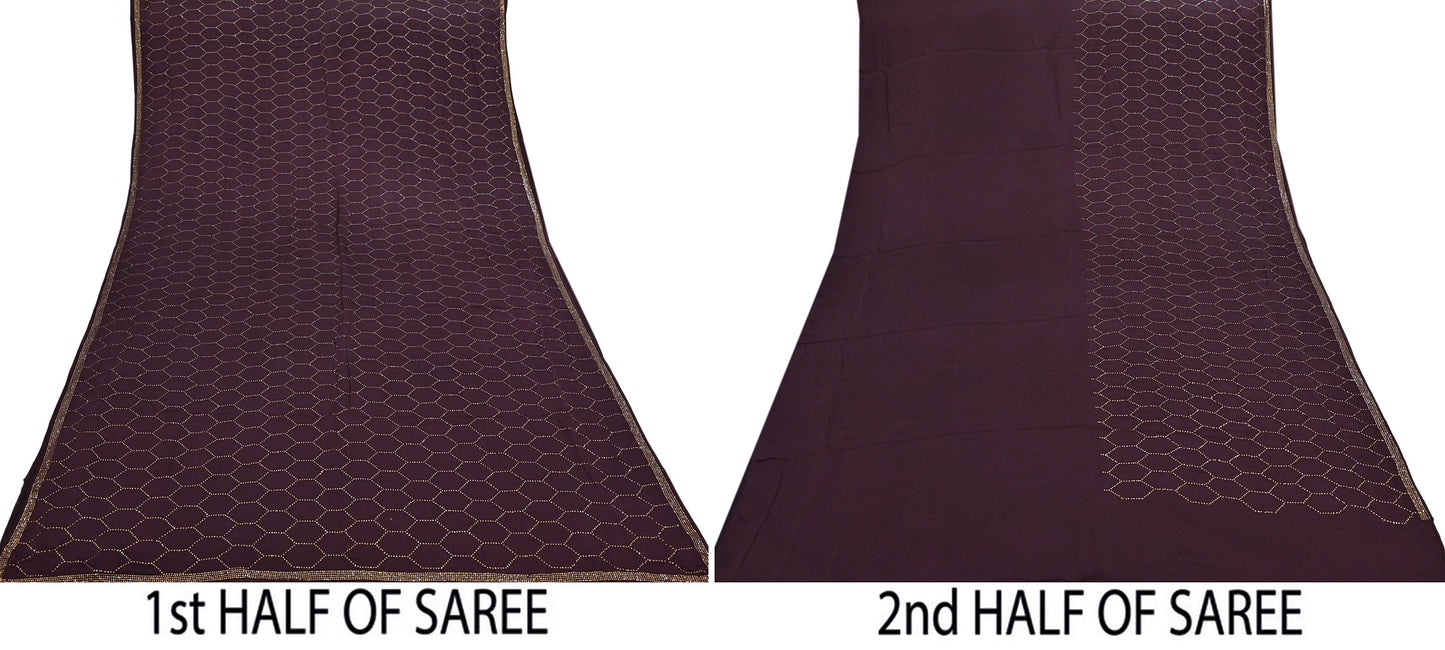 Rare Vintage Brown Pure Satin Silk Saree Hand Embroidered Fabric 5.5 Yards Sari Bollywood Party Wear Ethnic Designer Saree