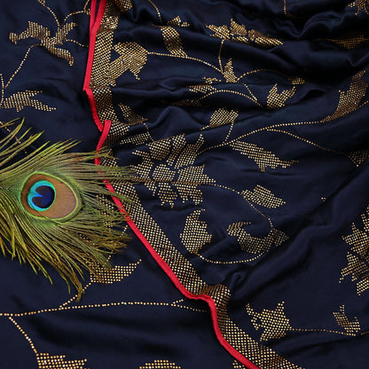 Rare Vintage Blue Pure Satin Silk Saree Hand Embroidered Fabric 6 Yards Sari Bollywood Party Wear Ethnic Designer Saree