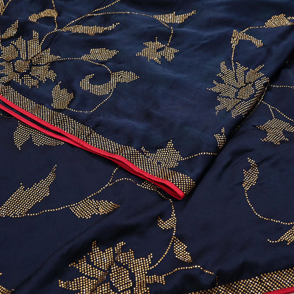 Rare Vintage Blue Pure Satin Silk Saree Hand Embroidered Fabric 6 Yards Sari Bollywood Party Wear Ethnic Designer Saree