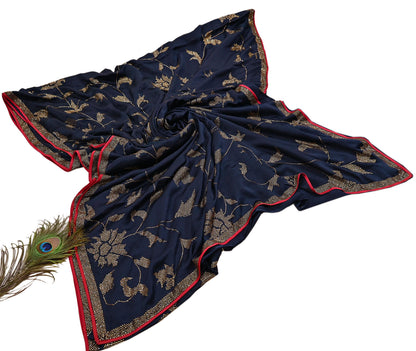 Rare Vintage Blue Pure Satin Silk Saree Hand Embroidered Fabric 6 Yards Sari Bollywood Party Wear Ethnic Designer Saree