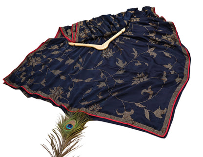 Rare Vintage Blue Pure Satin Silk Saree Hand Embroidered Fabric 6 Yards Sari Bollywood Party Wear Ethnic Designer Saree