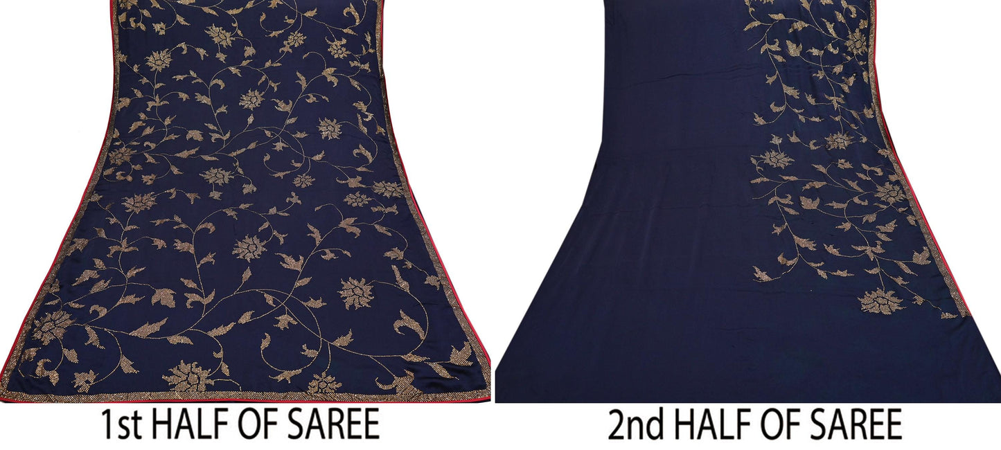 Rare Vintage Blue Pure Satin Silk Saree Hand Embroidered Fabric 6 Yards Sari Bollywood Party Wear Ethnic Designer Saree