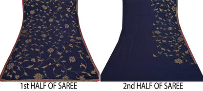 Rare Vintage Blue Pure Satin Silk Saree Hand Embroidered Fabric 6 Yards Sari Bollywood Party Wear Ethnic Designer Saree