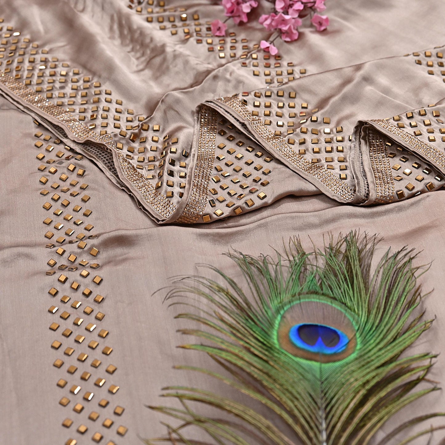Rare Vintage Brown & Peach Pure Satin Silk Saree Hand Embroidered Fabric 5.5 Yards Sari Bollywood Party Wear Ethnic Saree with Blouse Fabric