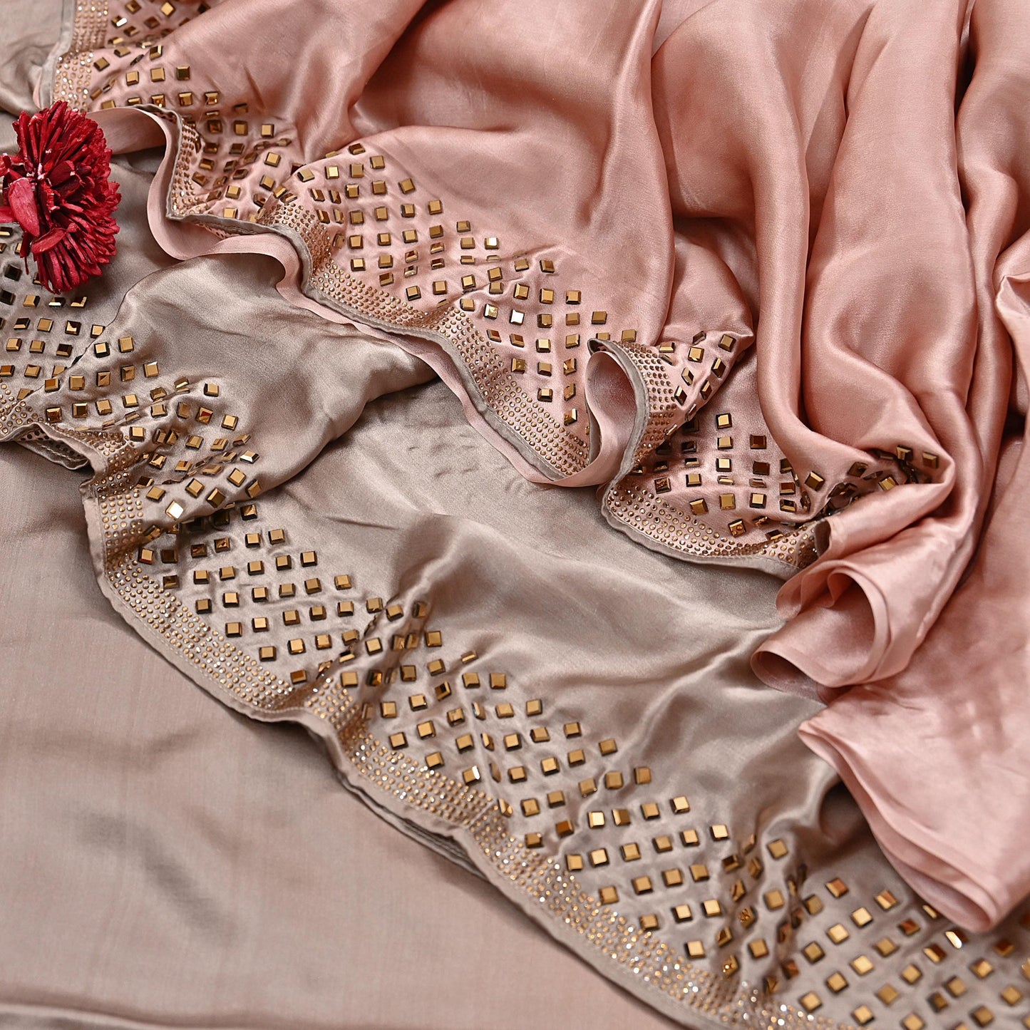 Rare Vintage Brown & Peach Pure Satin Silk Saree Hand Embroidered Fabric 5.5 Yards Sari Bollywood Party Wear Ethnic Saree with Blouse Fabric