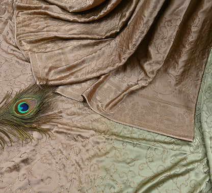 Rare Vintage Brown & Green Pure Satin Silk Saree Hand Embroidered Fabric 5.5 Yards Sari Bollywood Party Wear Ethnic Saree with Blouse Fabric