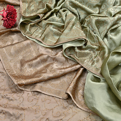 Rare Vintage Brown & Green Pure Satin Silk Saree Hand Embroidered Fabric 5.5 Yards Sari Bollywood Party Wear Ethnic Saree with Blouse Fabric