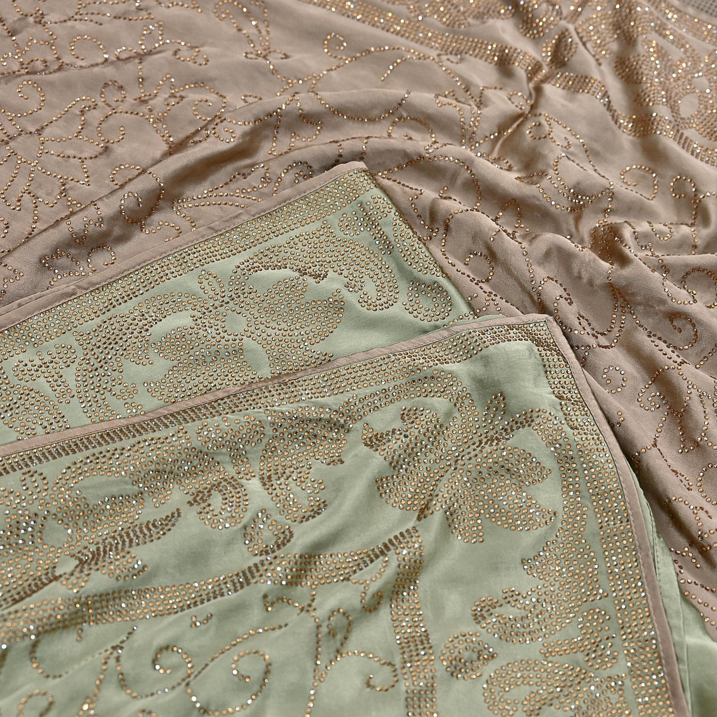 Rare Vintage Brown & Green Pure Satin Silk Saree Hand Embroidered Fabric 5.5 Yards Sari Bollywood Party Wear Ethnic Saree with Blouse Fabric