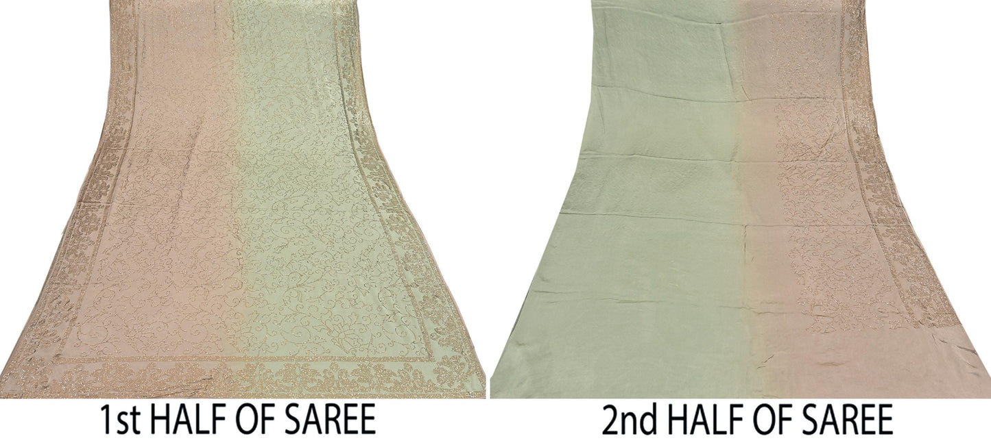 Rare Vintage Brown & Green Pure Satin Silk Saree Hand Embroidered Fabric 5.5 Yards Sari Bollywood Party Wear Ethnic Saree with Blouse Fabric