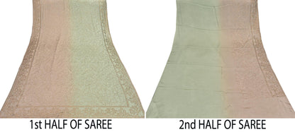Rare Vintage Brown & Green Pure Satin Silk Saree Hand Embroidered Fabric 5.5 Yards Sari Bollywood Party Wear Ethnic Saree with Blouse Fabric