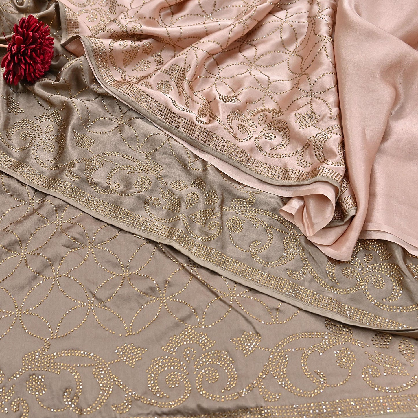 Rare Vintage Brown & Peach Pure Satin Silk Saree Hand Embroidered Fabric 5.5 Yards Sari Bollywood Party Wear Ethnic Saree