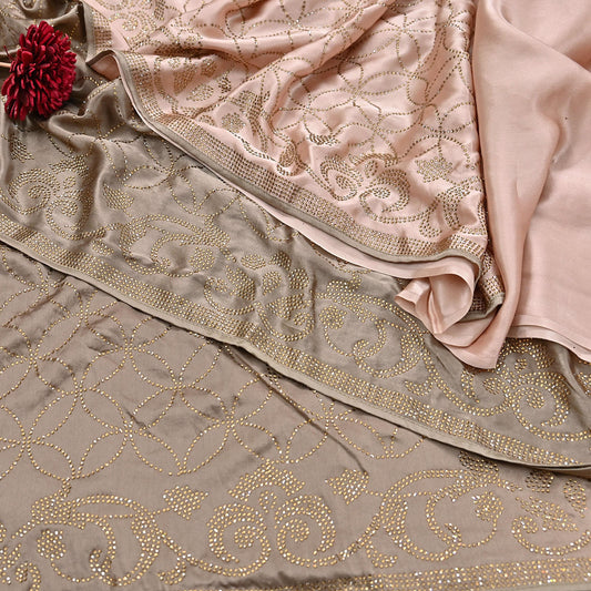 Rare Vintage Brown & Peach Pure Satin Silk Saree Hand Embroidered Fabric 5.5 Yards Sari Bollywood Party Wear Ethnic Saree