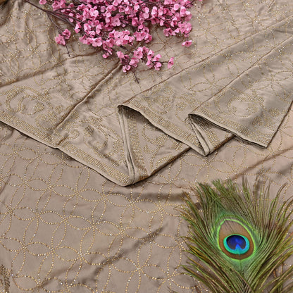 Rare Vintage Brown & Peach Pure Satin Silk Saree Hand Embroidered Fabric 5.5 Yards Sari Bollywood Party Wear Ethnic Saree