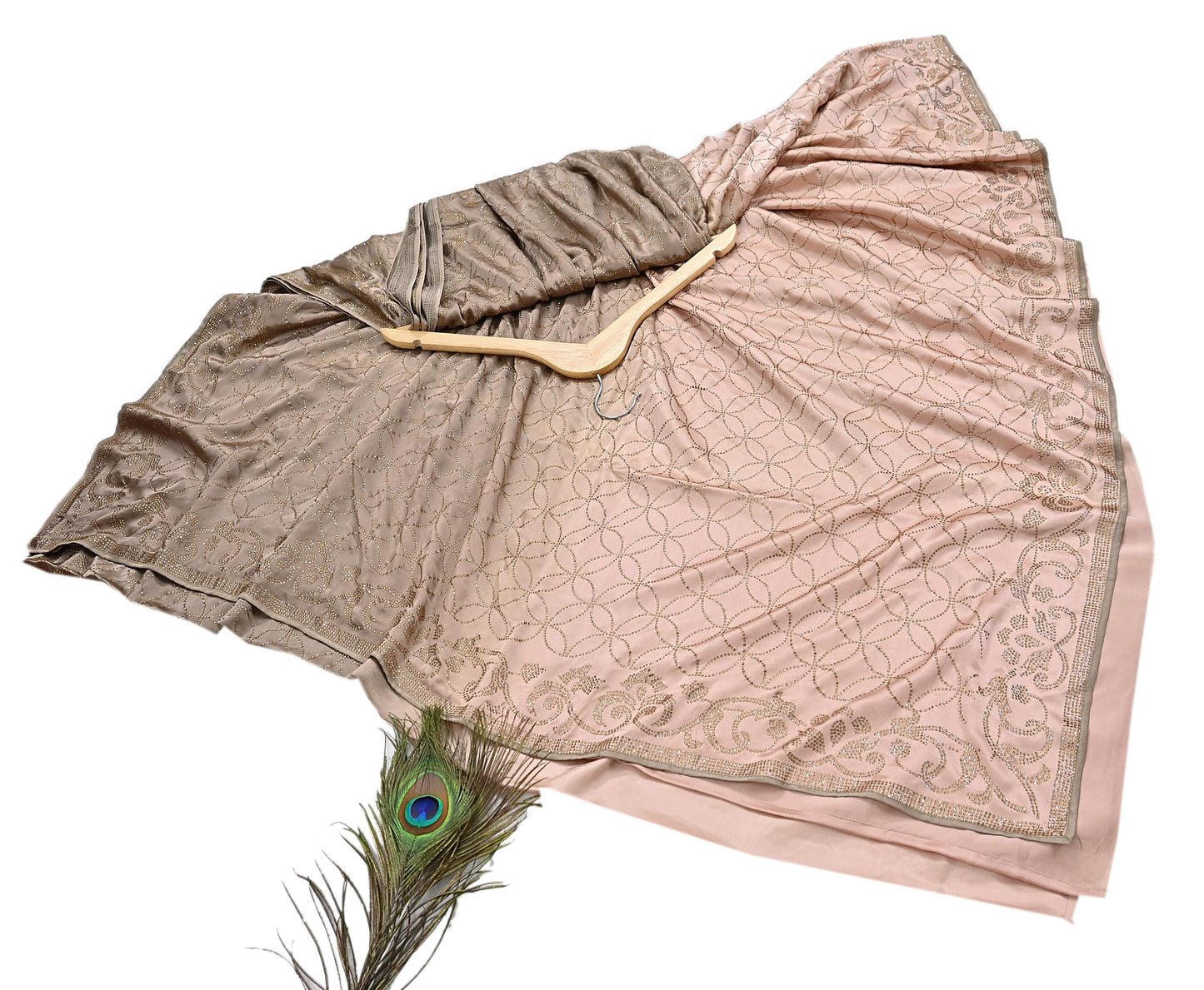 Rare Vintage Brown & Peach Pure Satin Silk Saree Hand Embroidered Fabric 5.5 Yards Sari Bollywood Party Wear Ethnic Saree