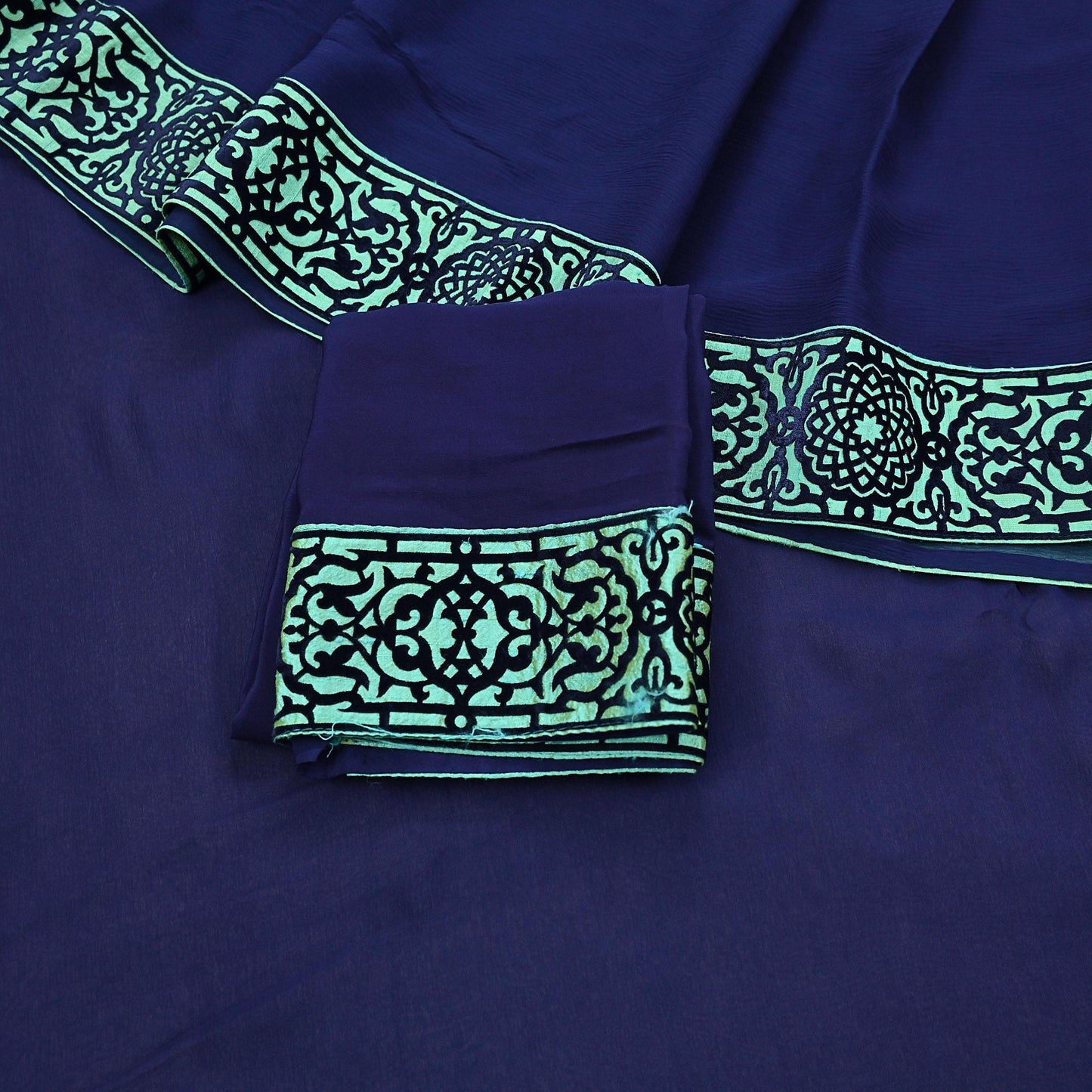 Rare Vintage Sea Blue Pure Chiffon Silk Saree Hand Embroidered Fabric 6 Yards Sari Bollywood Party Wear Ethnic saree With Blouse Fabric