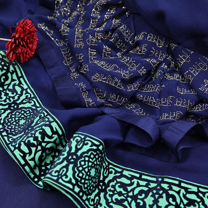 Rare Vintage Sea Blue Pure Chiffon Silk Saree Hand Embroidered Fabric 6 Yards Sari Bollywood Party Wear Ethnic saree With Blouse Fabric