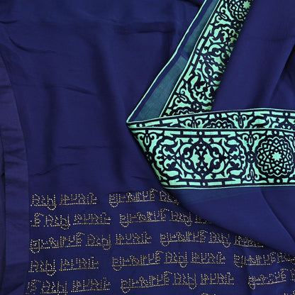 Rare Vintage Sea Blue Pure Chiffon Silk Saree Hand Embroidered Fabric 6 Yards Sari Bollywood Party Wear Ethnic saree With Blouse Fabric