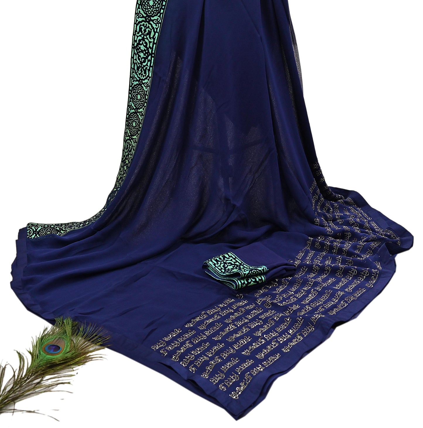 Rare Vintage Sea Blue Pure Chiffon Silk Saree Hand Embroidered Fabric 6 Yards Sari Bollywood Party Wear Ethnic saree With Blouse Fabric