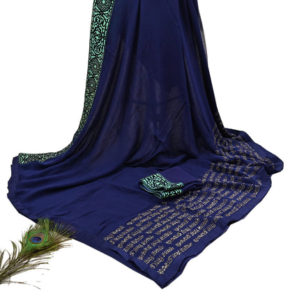 Rare Vintage Sea Blue Pure Chiffon Silk Saree Hand Embroidered Fabric 6 Yards Sari Bollywood Party Wear Ethnic saree With Blouse Fabric