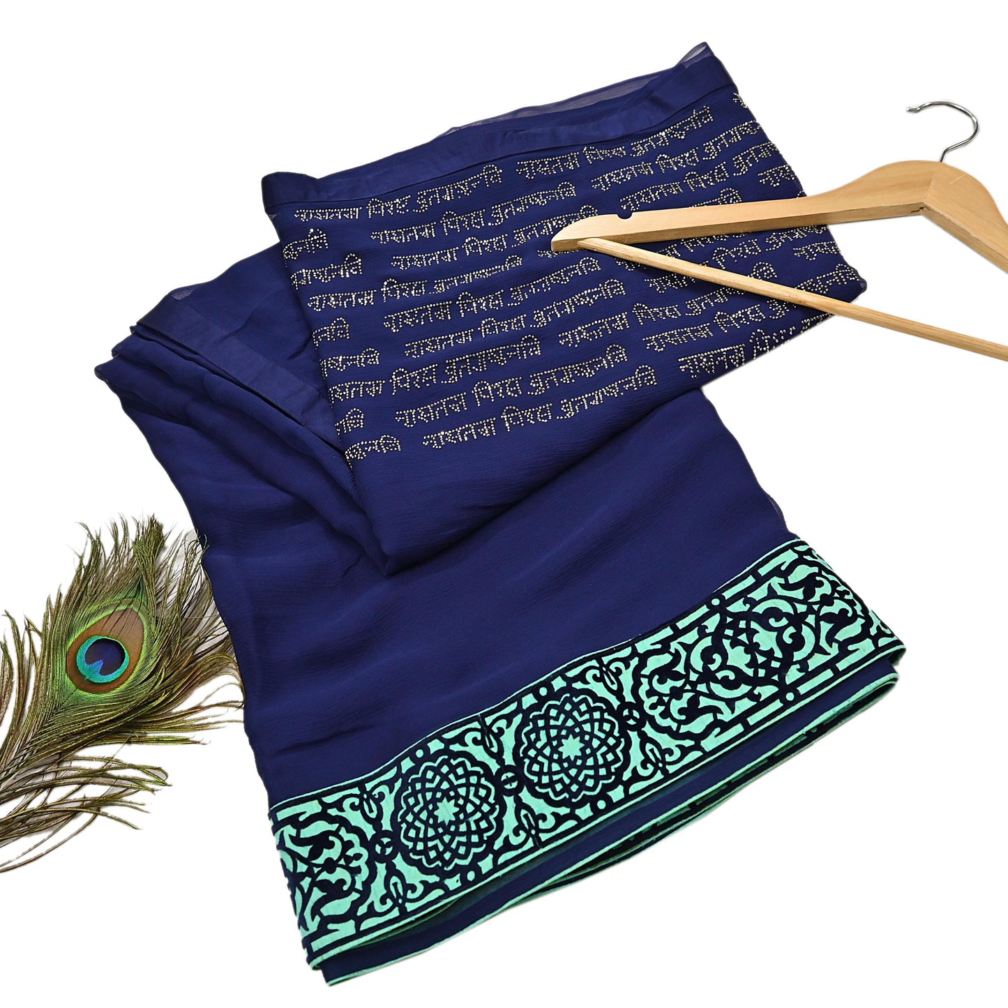 Rare Vintage Sea Blue Pure Chiffon Silk Saree Hand Embroidered Fabric 6 Yards Sari Bollywood Party Wear Ethnic saree With Blouse Fabric