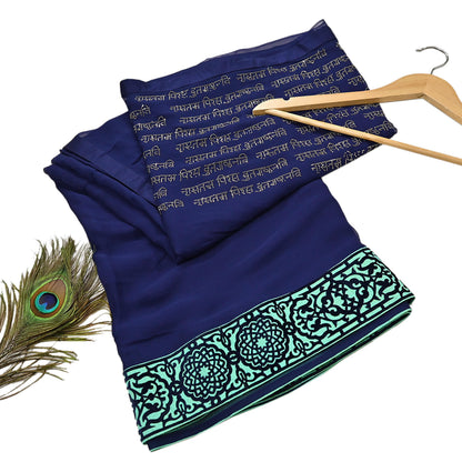 Rare Vintage Sea Blue Pure Chiffon Silk Saree Hand Embroidered Fabric 6 Yards Sari Bollywood Party Wear Ethnic saree With Blouse Fabric