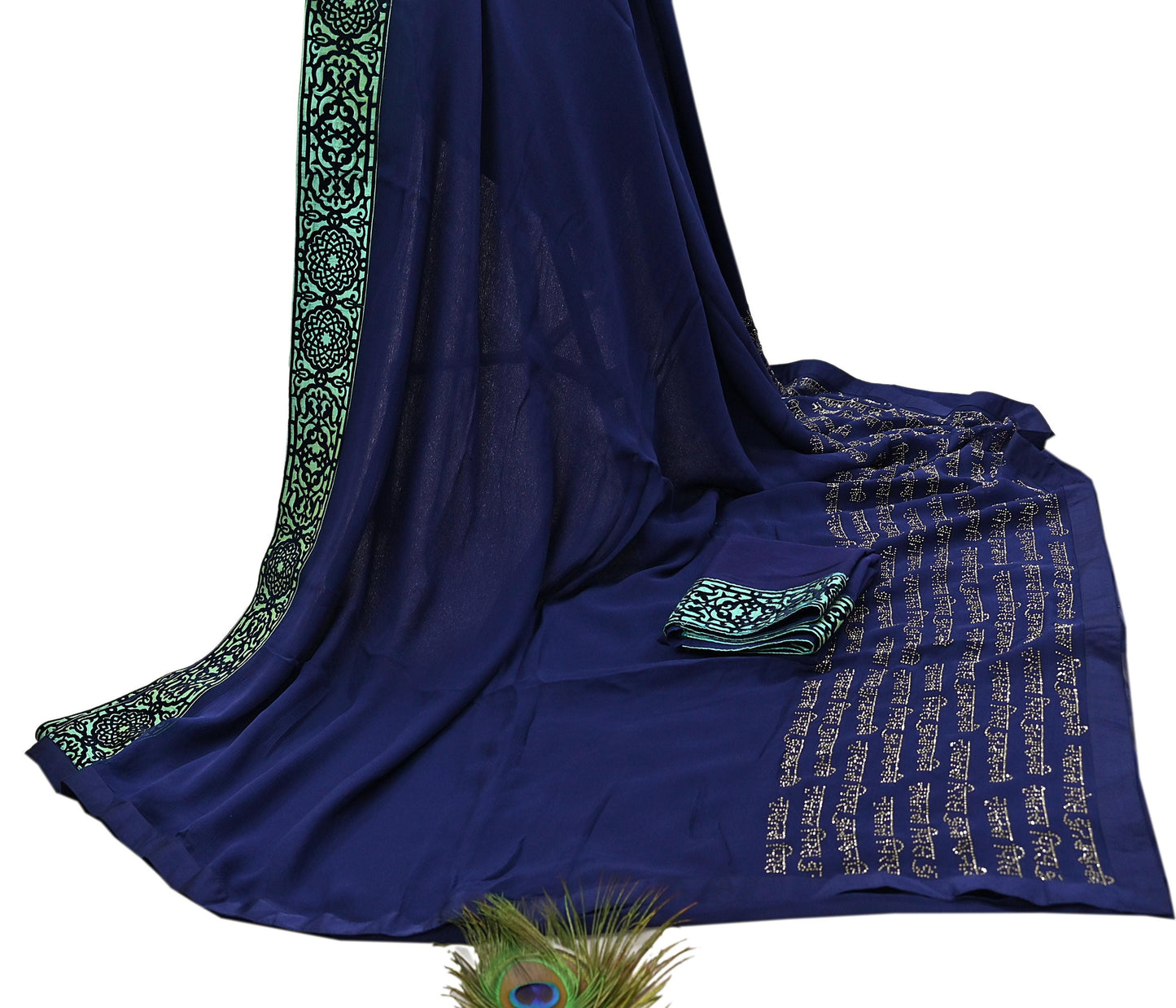 Rare Vintage Sea Blue Pure Chiffon Silk Saree Hand Embroidered Fabric 6 Yards Sari Bollywood Party Wear Ethnic saree With Blouse Fabric