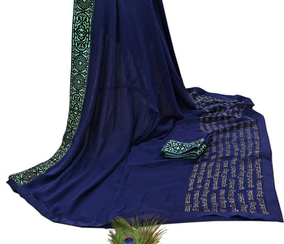 Rare Vintage Sea Blue Pure Chiffon Silk Saree Hand Embroidered Fabric 6 Yards Sari Bollywood Party Wear Ethnic saree With Blouse Fabric