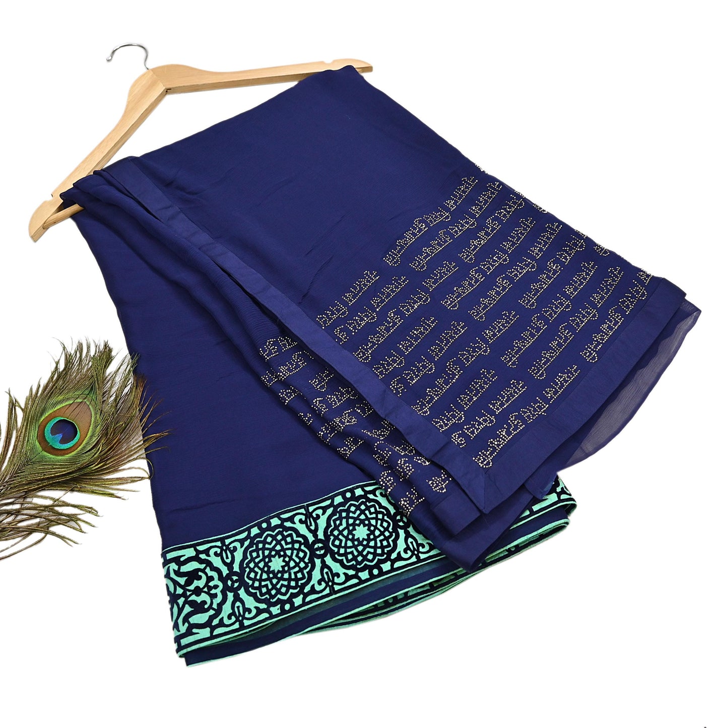 Rare Vintage Sea Blue Pure Chiffon Silk Saree Hand Embroidered Fabric 6 Yards Sari Bollywood Party Wear Ethnic saree With Blouse Fabric