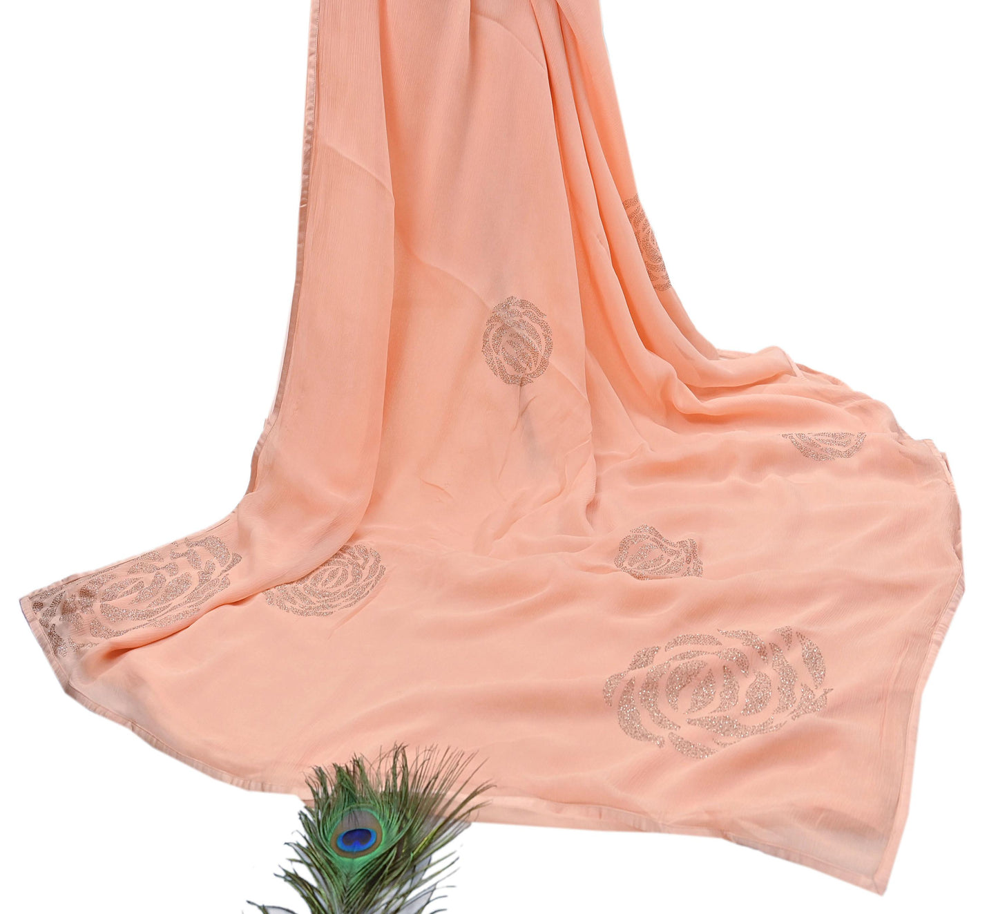 Rare Vintage Peach Pure Chiffon Silk Saree Hand Embroidered Fabric 6 Yards Sari Bollywood Party Wear Ethnic saree With Satin Blouse Fabric