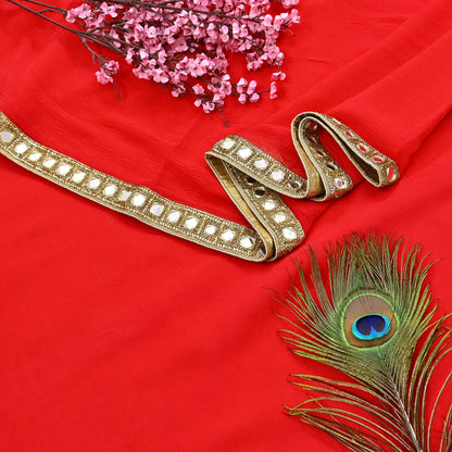 Rare Vintage Red Chiffon Silk Saree Hand Beaded Mirror Sari 5.5 Yards Bollywood Party Wear Ethnic