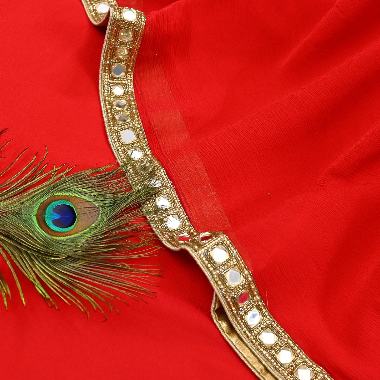 Rare Vintage Red Chiffon Silk Saree Hand Beaded Mirror Sari 5.5 Yards Bollywood Party Wear Ethnic