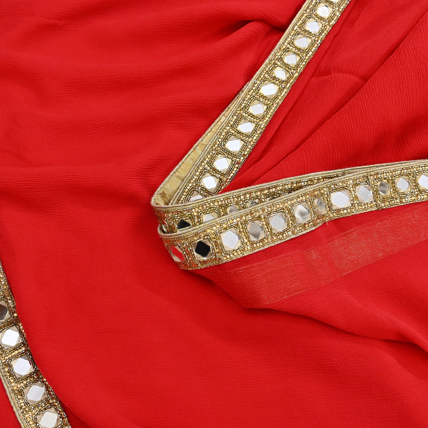 Rare Vintage Red Chiffon Silk Saree Hand Beaded Mirror Sari 5.5 Yards Bollywood Party Wear Ethnic
