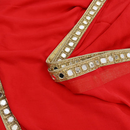 Rare Vintage Red Chiffon Silk Saree Hand Beaded Mirror Sari 5.5 Yards Bollywood Party Wear Ethnic