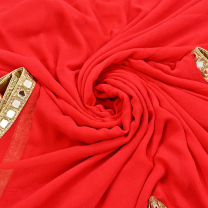 Rare Vintage Red Chiffon Silk Saree Hand Beaded Mirror Sari 5.5 Yards Bollywood Party Wear Ethnic