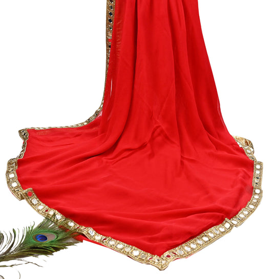 Rare Vintage Red Chiffon Silk Saree Hand Beaded Mirror Sari 5.5 Yards Bollywood Party Wear Ethnic