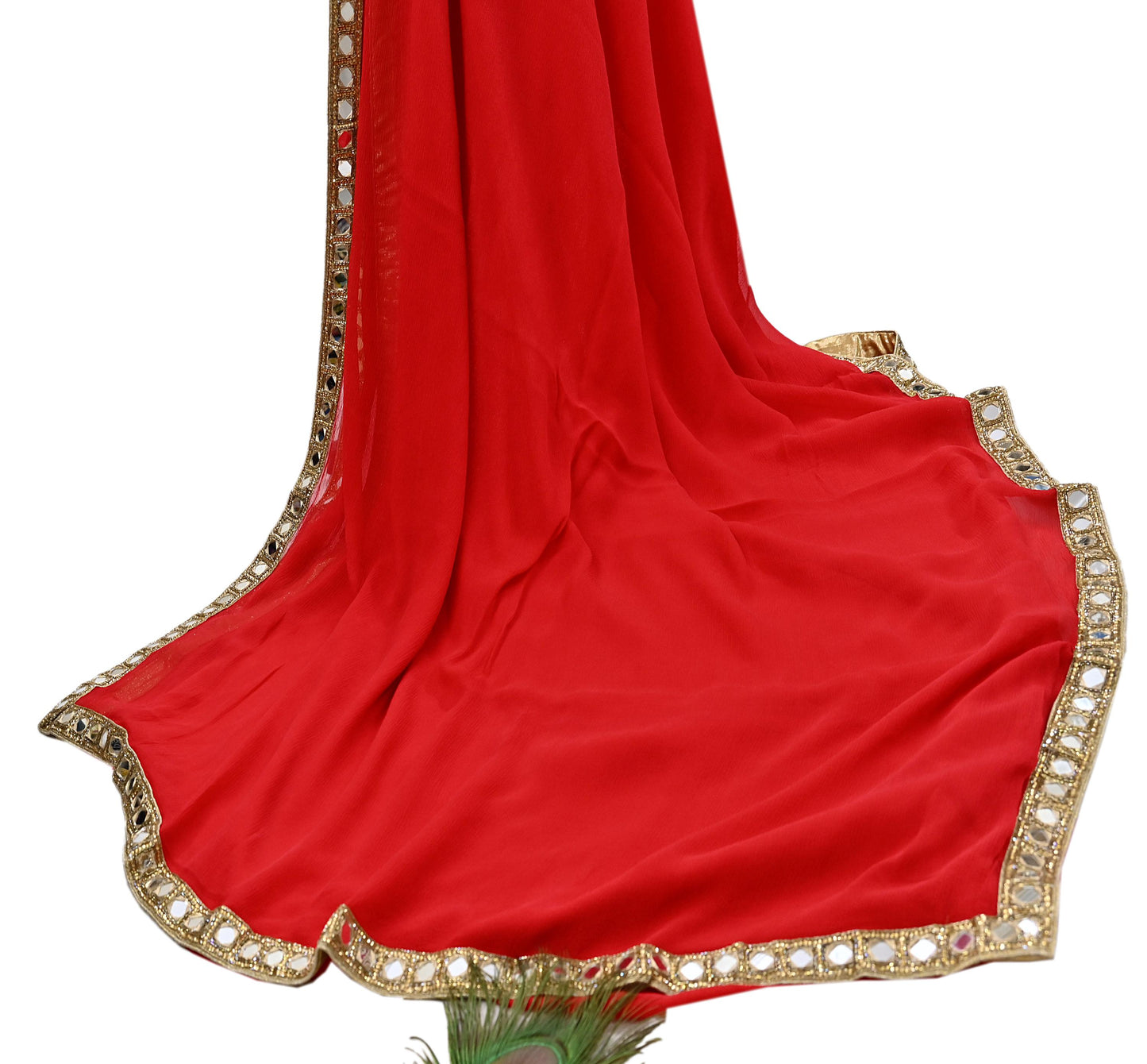Rare Vintage Red Chiffon Silk Saree Hand Beaded Mirror Sari 5.5 Yards Bollywood Party Wear Ethnic
