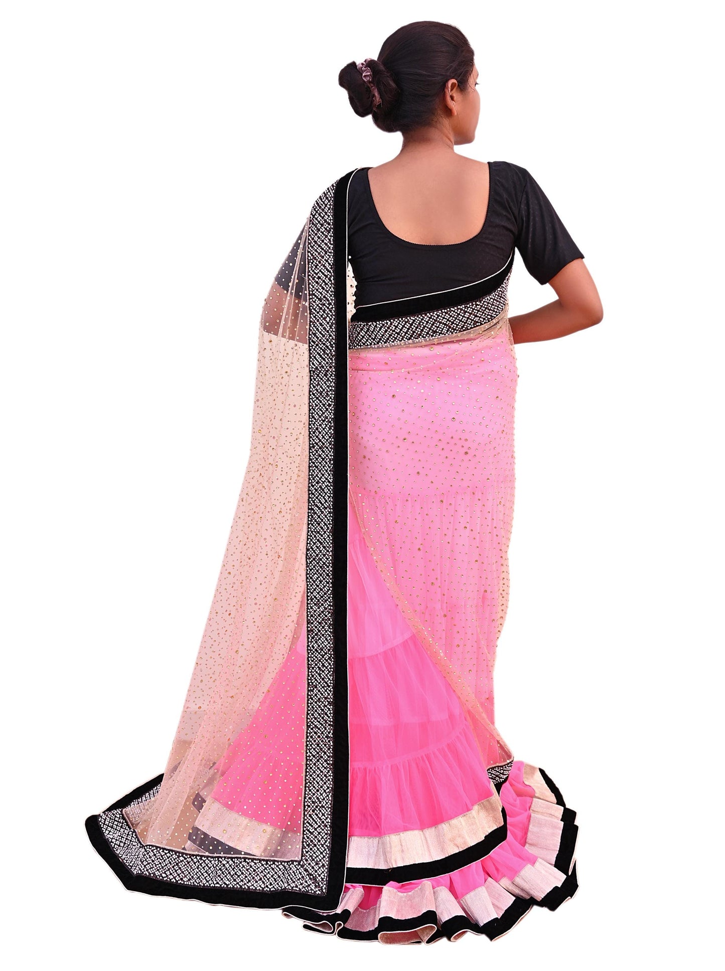 Vintage Pink Net Lehenga Saree Heavy Hand Embroidery 6 Yards Soft Mesh Fabric Ideal for Crafting Wedding Wear Bollywood sarees