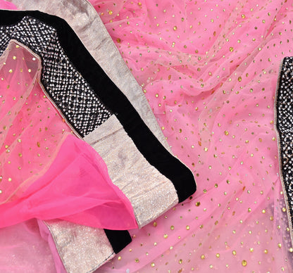 Vintage Pink Net Lehenga Saree Heavy Hand Embroidery 6 Yards Soft Mesh Fabric Ideal for Crafting Wedding Wear Bollywood sarees