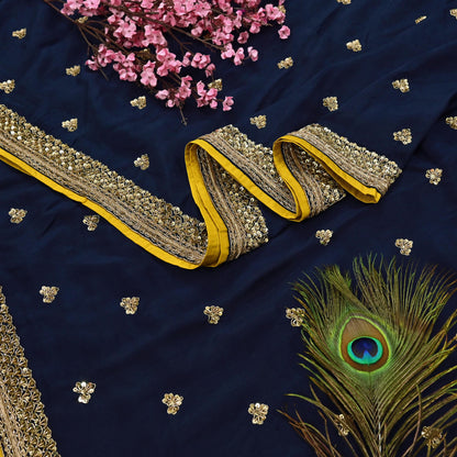 Rare Vintage Deep Blue Pure Silk Saree Zardozi Hand Embroidered Designer Sabyasachi Sari 5.5 Yard Bollywood Party Wear