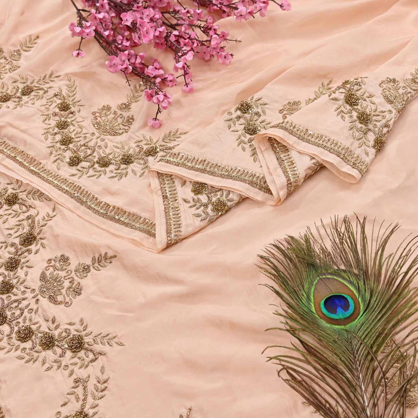 Rare Vintage Light Peach Pure Silk Saree Zardozi Hand Embroidered Designer Sabyasachi Sari 5.5 Yard Bollywood Party Wear