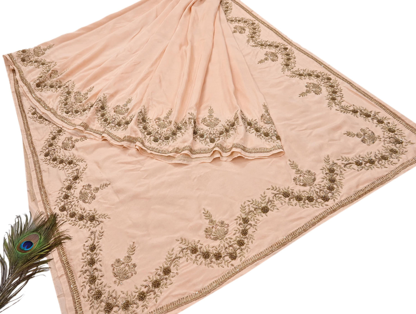 Rare Vintage Light Peach Pure Silk Saree Zardozi Hand Embroidered Designer Sabyasachi Sari 5.5 Yard Bollywood Party Wear
