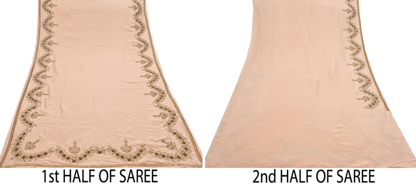 Rare Vintage Light Peach Pure Silk Saree Zardozi Hand Embroidered Designer Sabyasachi Sari 5.5 Yard Bollywood Party Wear