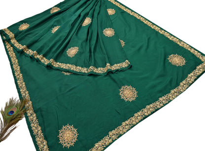 Rare Vintage Bottle Green Pure Silk Saree Zardozi Hand Embroidered Designer Sabyasachi Sari 5.5 Yard Bollywood Party Wear