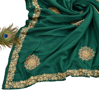 Rare Vintage Bottle Green Pure Silk Saree Zardozi Hand Embroidered Designer Sabyasachi Sari 5.5 Yard Bollywood Party Wear